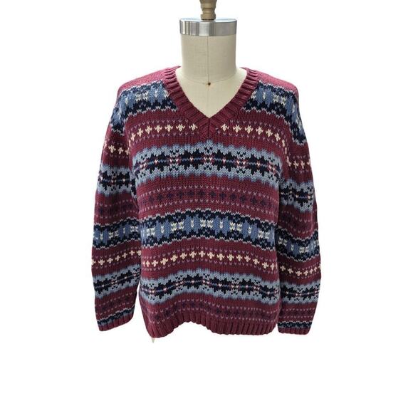 Vtg 80s 90s Eddie Bauer 100% Cotton Sweater Burgundy Stripe /Snowflake V Neck L